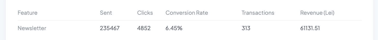 Newsletter performance report showing 313 transactions and 61,131.51 Lei revenue